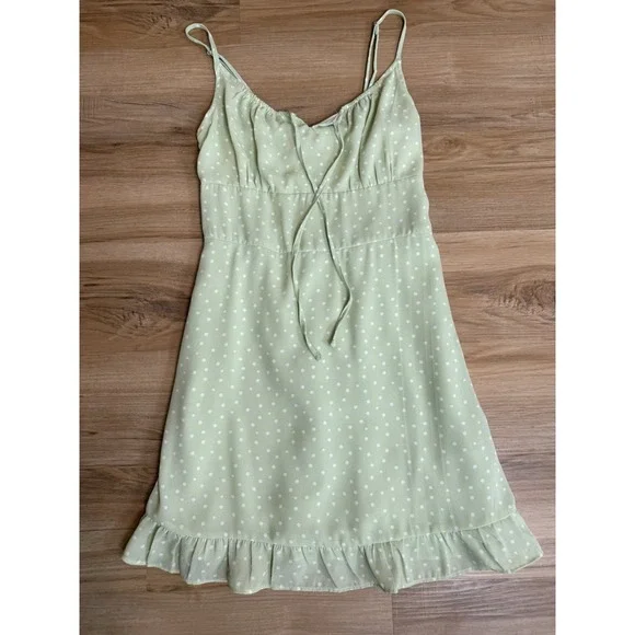 Abercrombie & Fitch-Mint Green, White Polka Dot, Smock, Ruffle Hem, Dress. Sz-S - Picture 5 of 9